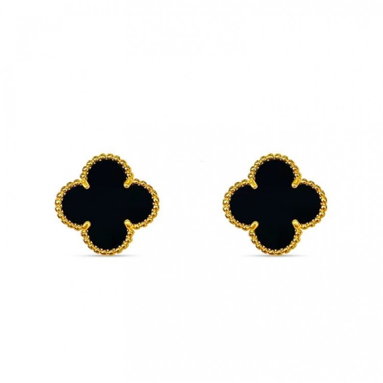 Златни обеци на винт Onyx Clover - Clover Collection