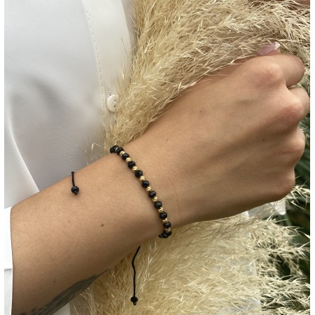 Сребърна гривна с черен конец и позлатени топчета 2 -  925 !